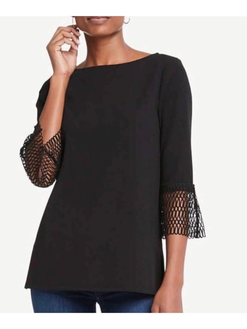 Ann Taylor Women’s Black Blouse Size M Crochet Bell Sleeve Boat Neck Top